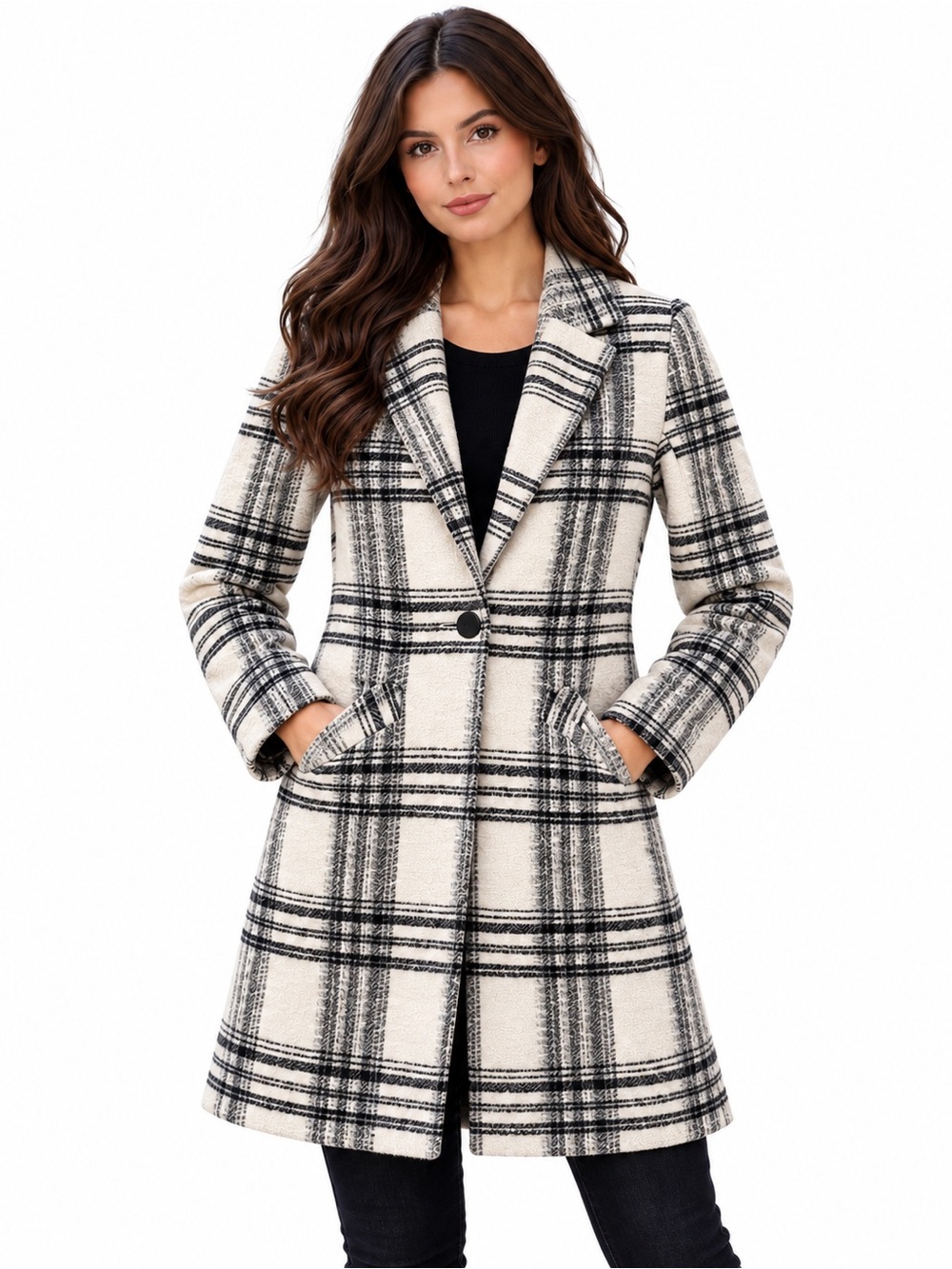 Rachel Zoe Black Ivory Plaid Topper Coat XS